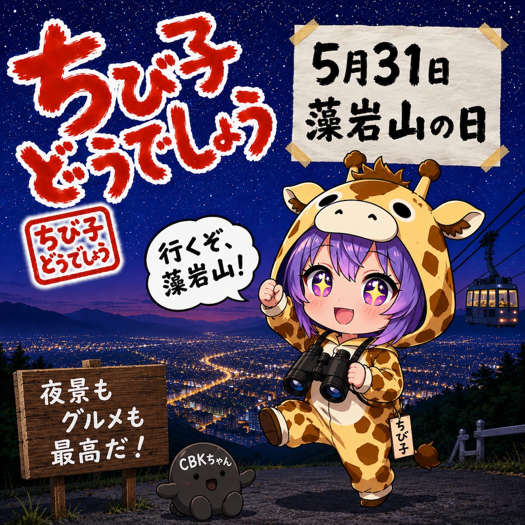 山の展望台から夜空を見上げるキリン着ぐるみちび子ちゃん