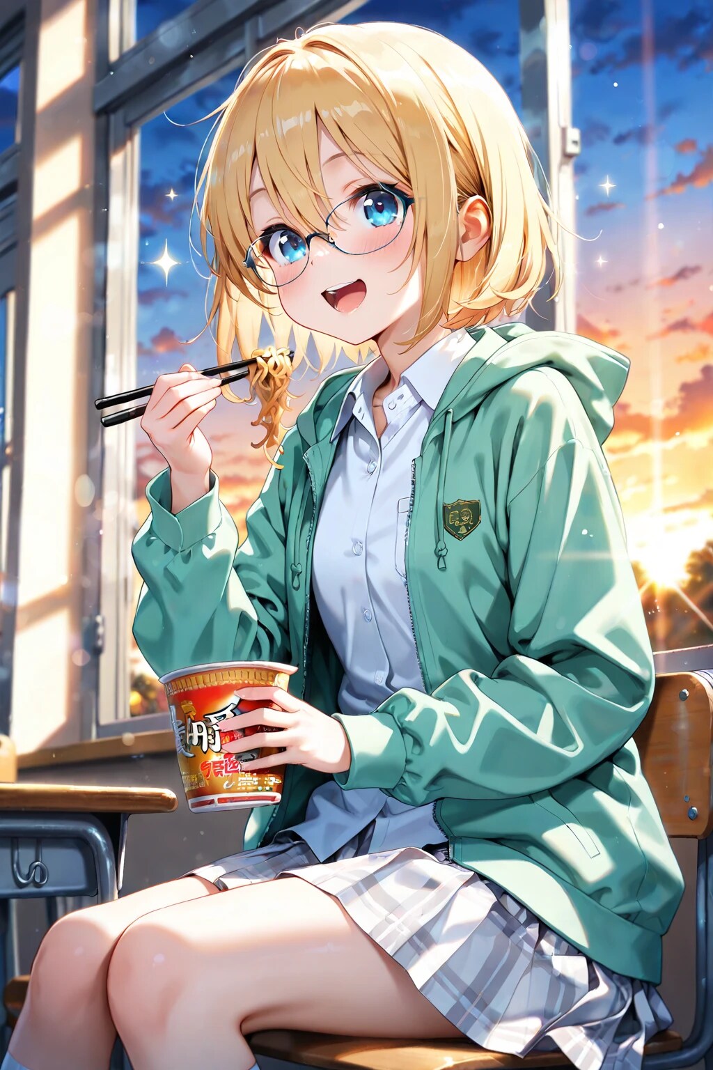 夕方の教室でカップ麺を食べる