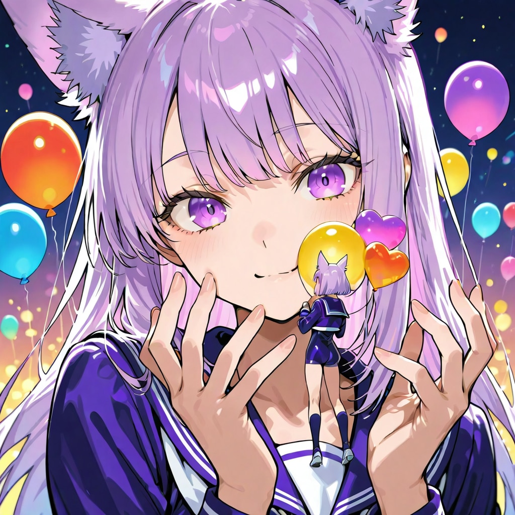 いっぱい色とりどりの風船を持つ紫髪ロングのセーラー服着たケモミミ美少女