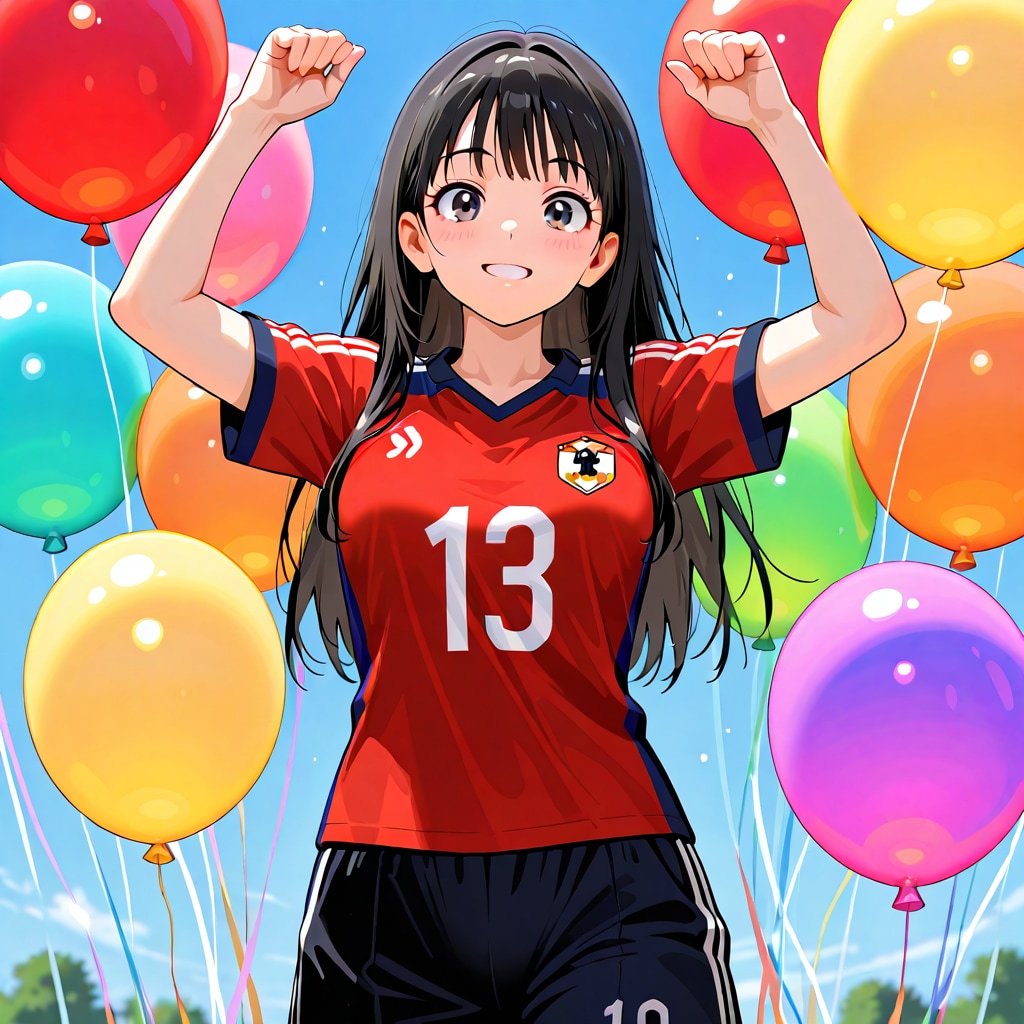 いっぱい色とりどりの風船を持つ黒髪ロングのサッカーユニフォーム着た美女