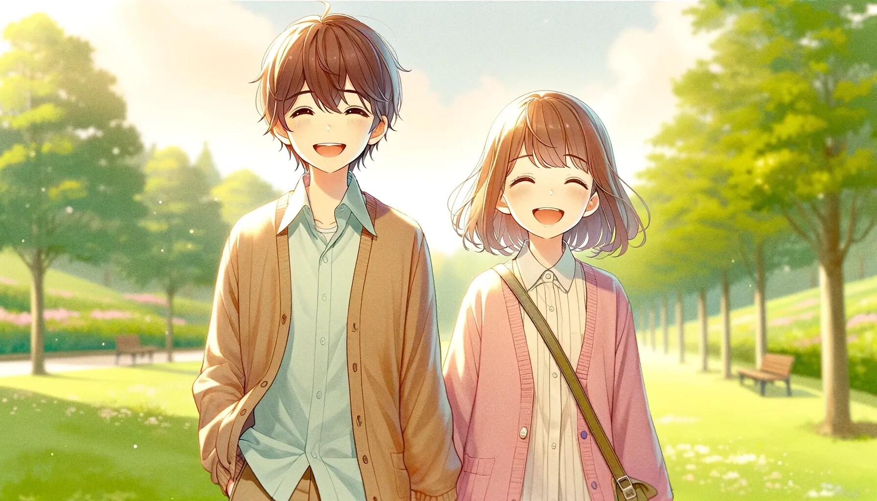 笑顔で手をつないで歩く