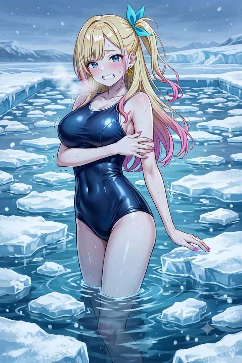 スク水で寒中水泳するナミちゃん
