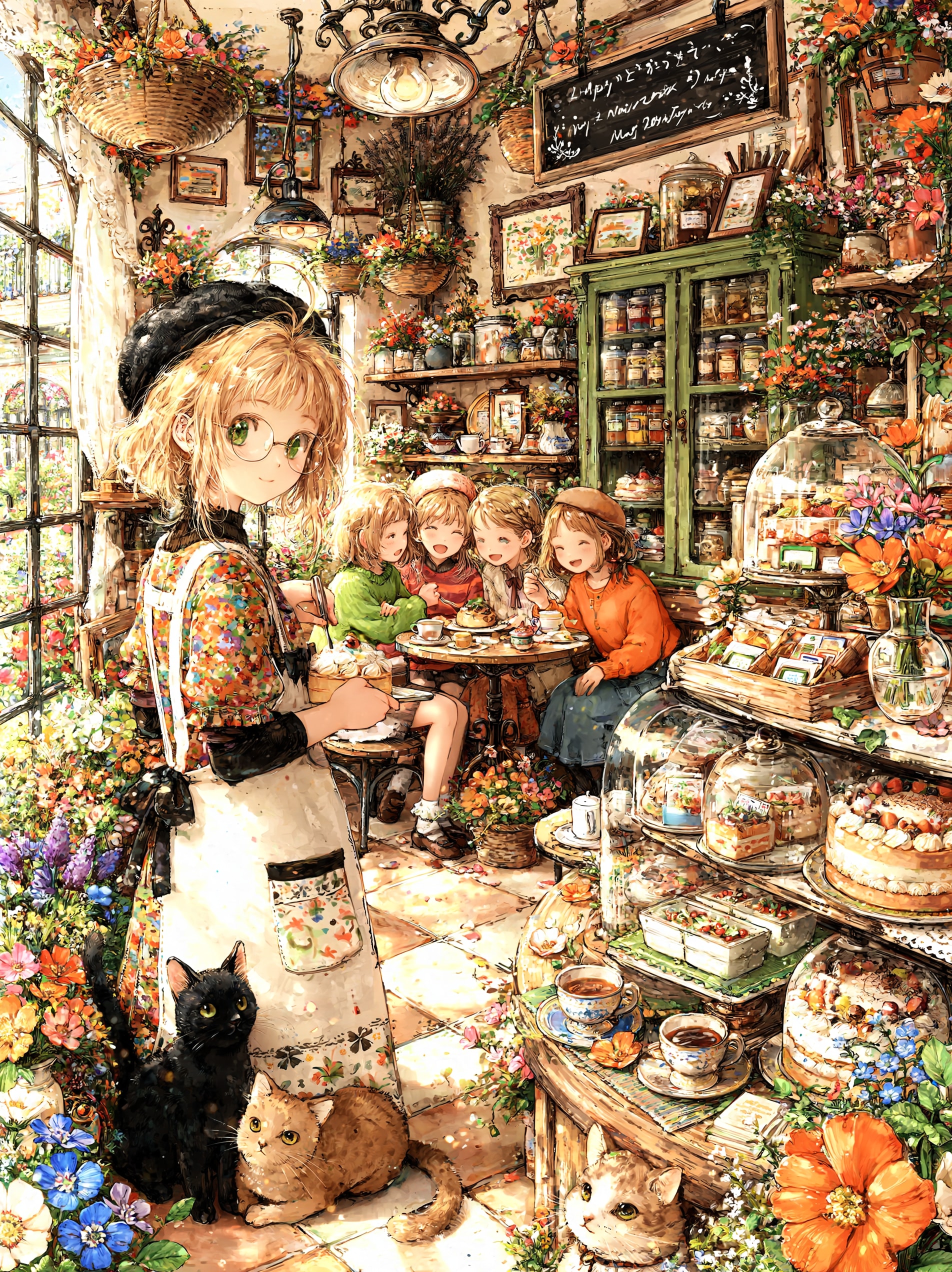 小さな席に身を寄せてあふれる笑顔を交わす少女たち、その傍らで女店主と猫たちが穏やかに時を見守る午後 | の人気AIイラスト・グラビア