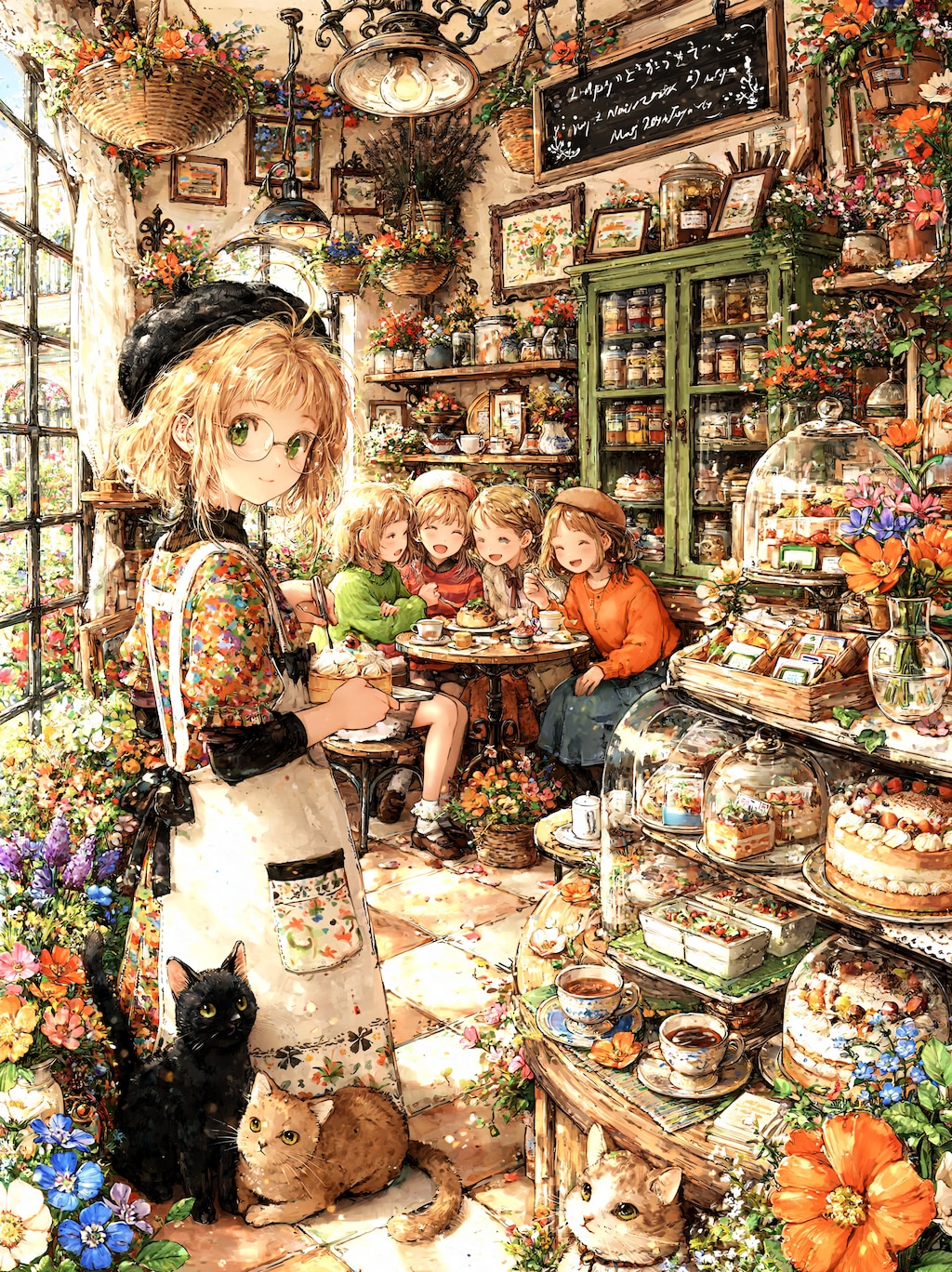 小さな席に身を寄せてあふれる笑顔を交わす少女たち、その傍らで女店主と猫たちが穏やかに時を見守る午後