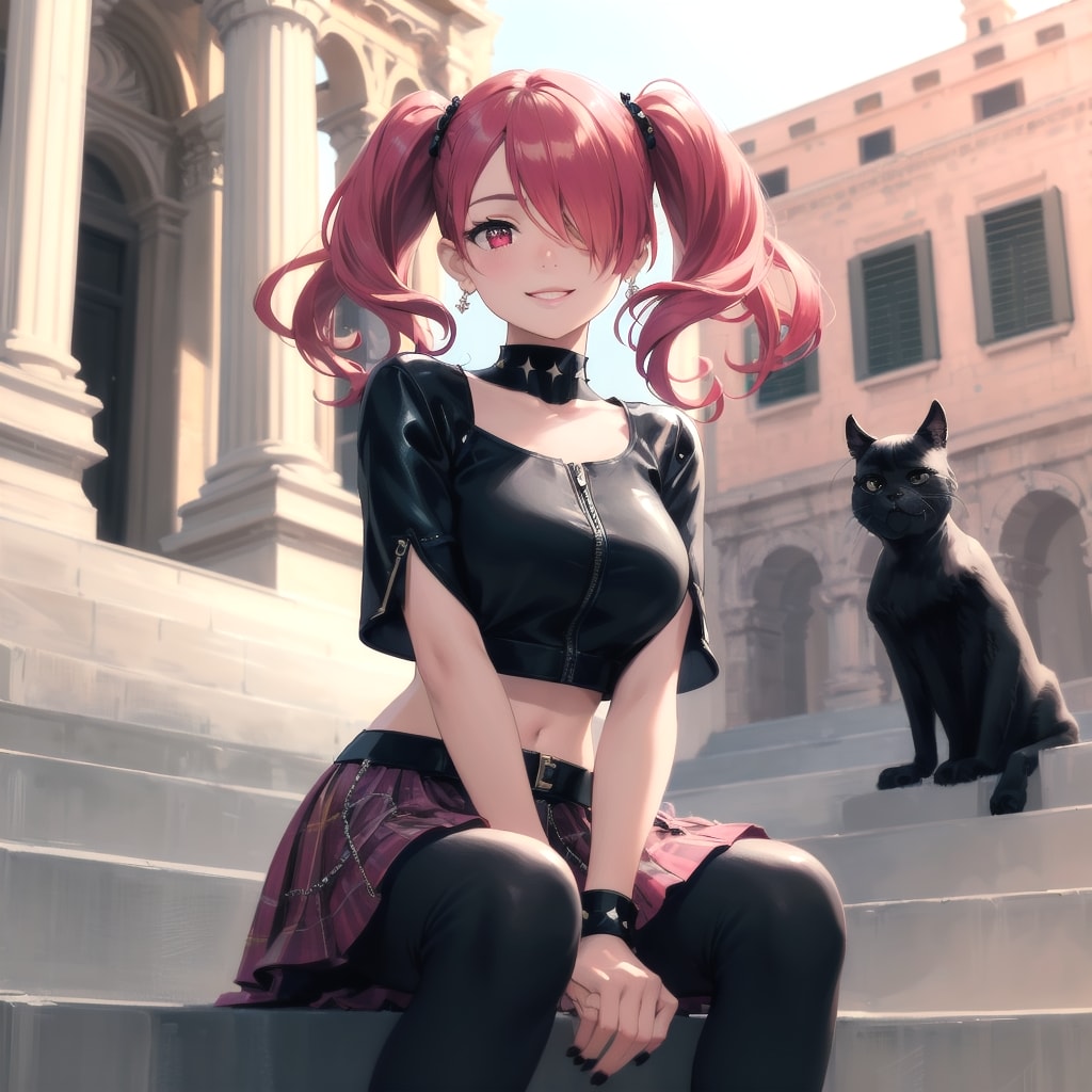 黒猫と一緒に階段に座る女の子