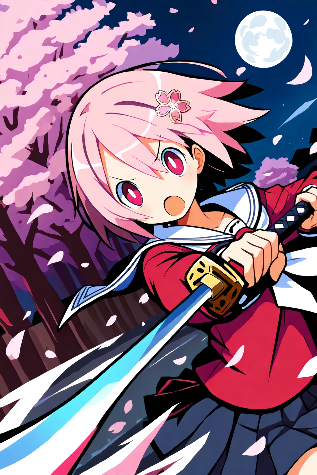 夜桜に閃く刀影