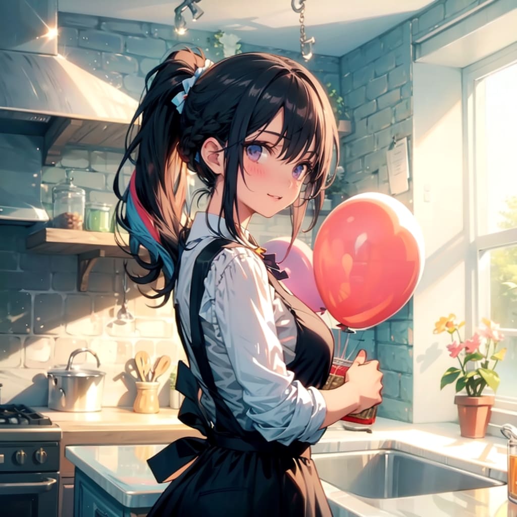 台所で風船を持つ黒髪ポニーテールのエプロン付けた美女 | の人気AIイラスト・グラビア