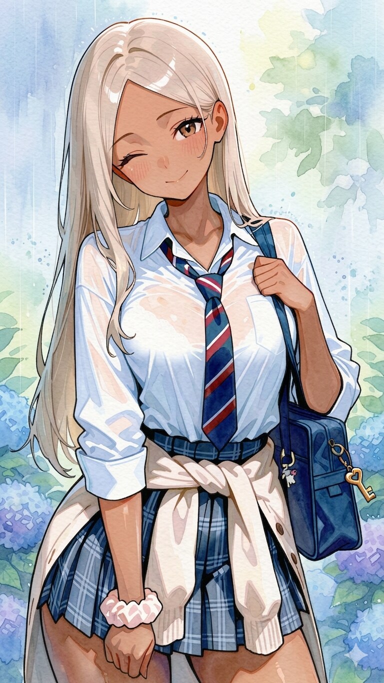 水彩タッチのギャルと紫陽花