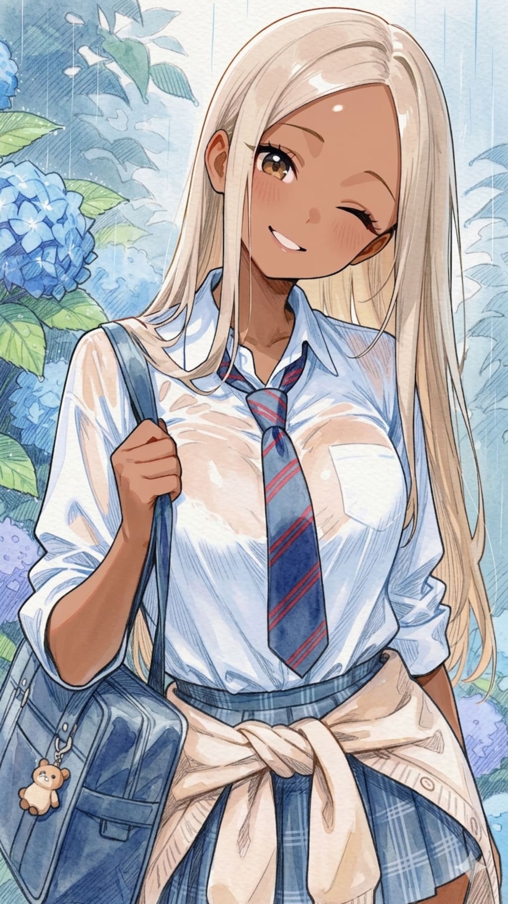 水彩タッチのギャルと紫陽花