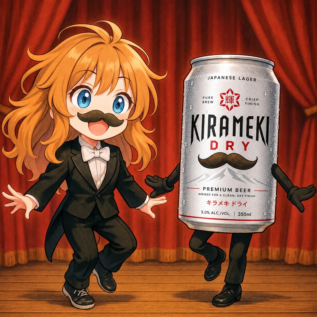 ヒゲダンスを踊るビール缶と小さな女の子 | の人気AIイラスト・グラビア