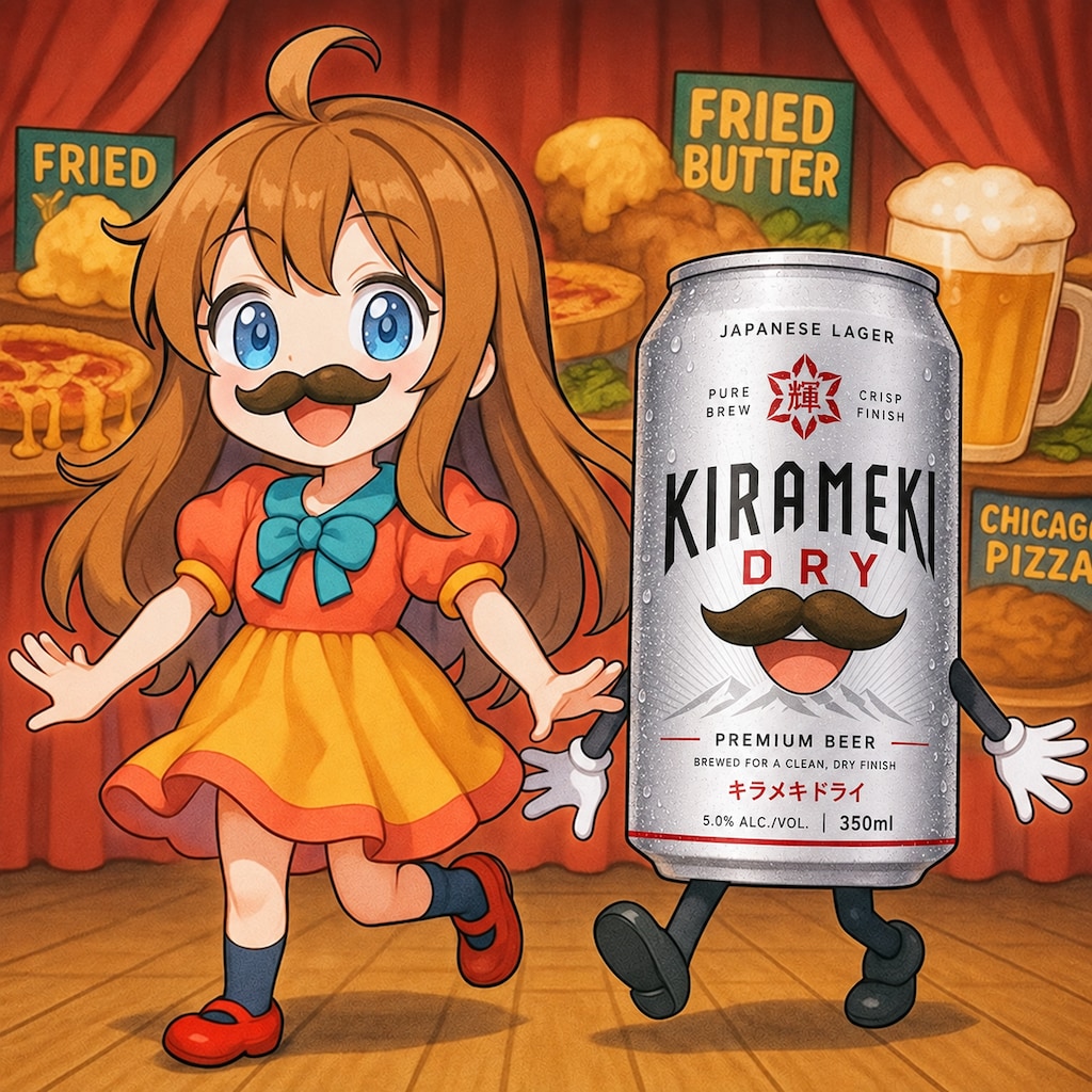 ヒゲダンスを踊るビール缶と小さな女の子
