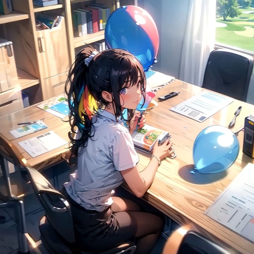 いっぱい色とりどりの風船を持つ黒髪ポニーテールのゴルフウェア着た美女