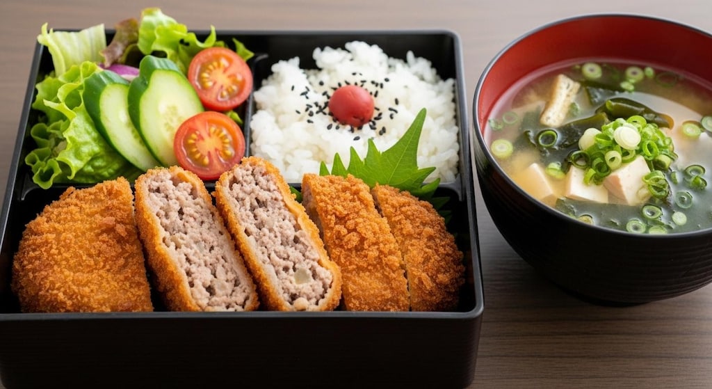 摩訶不思議食堂のメンチカツ定食お持ち帰り用弁当付き