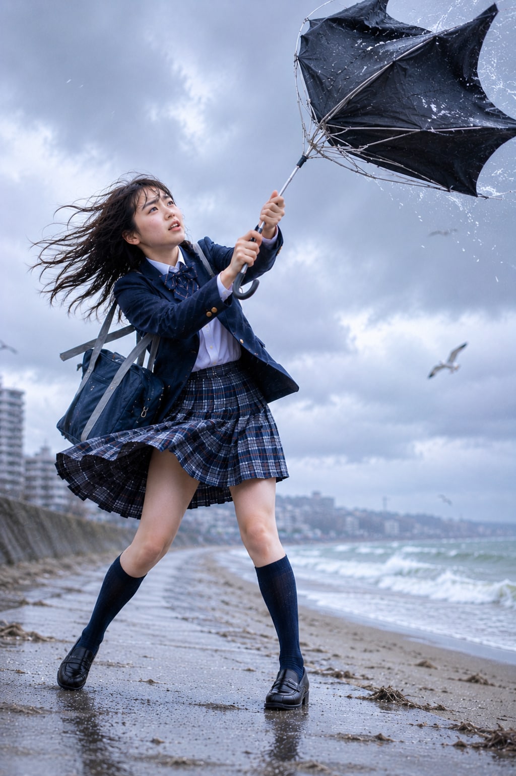強風で傘を飛ばされそうな女の子