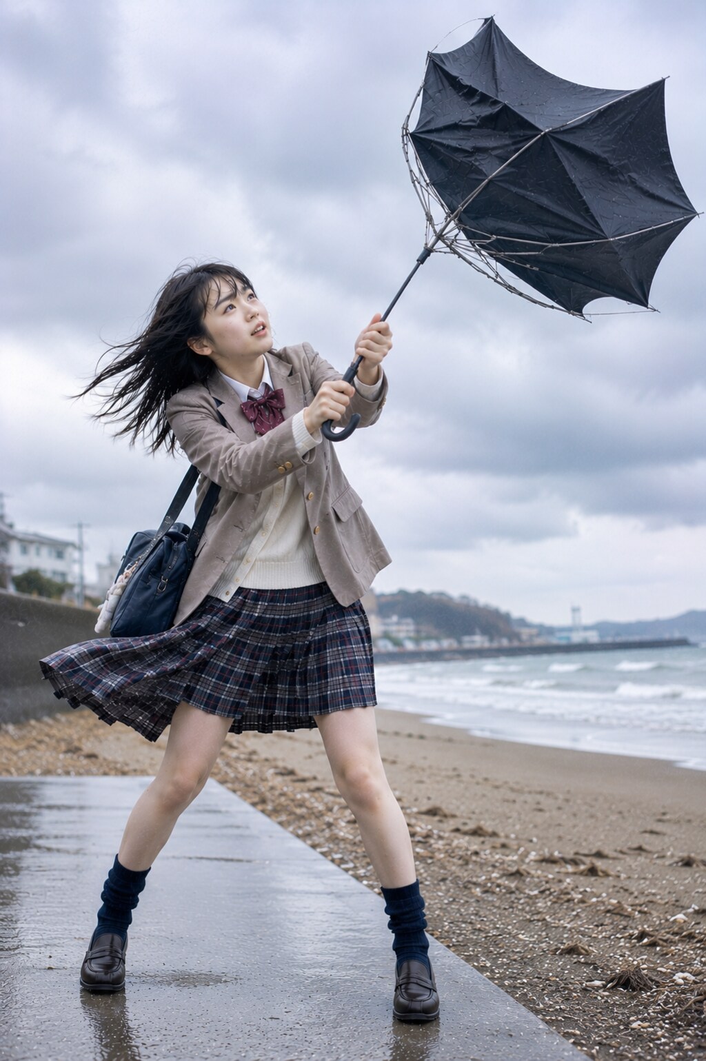 強風で傘を飛ばされそうな女の子
