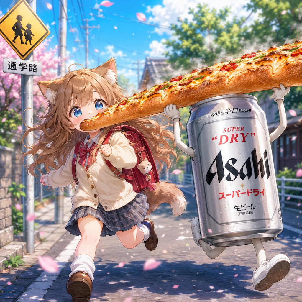 バゲットトーストを咥えて走る小さな女の子