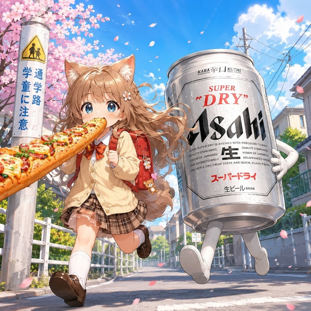 バゲットトーストを咥えて走る小さな女の子
