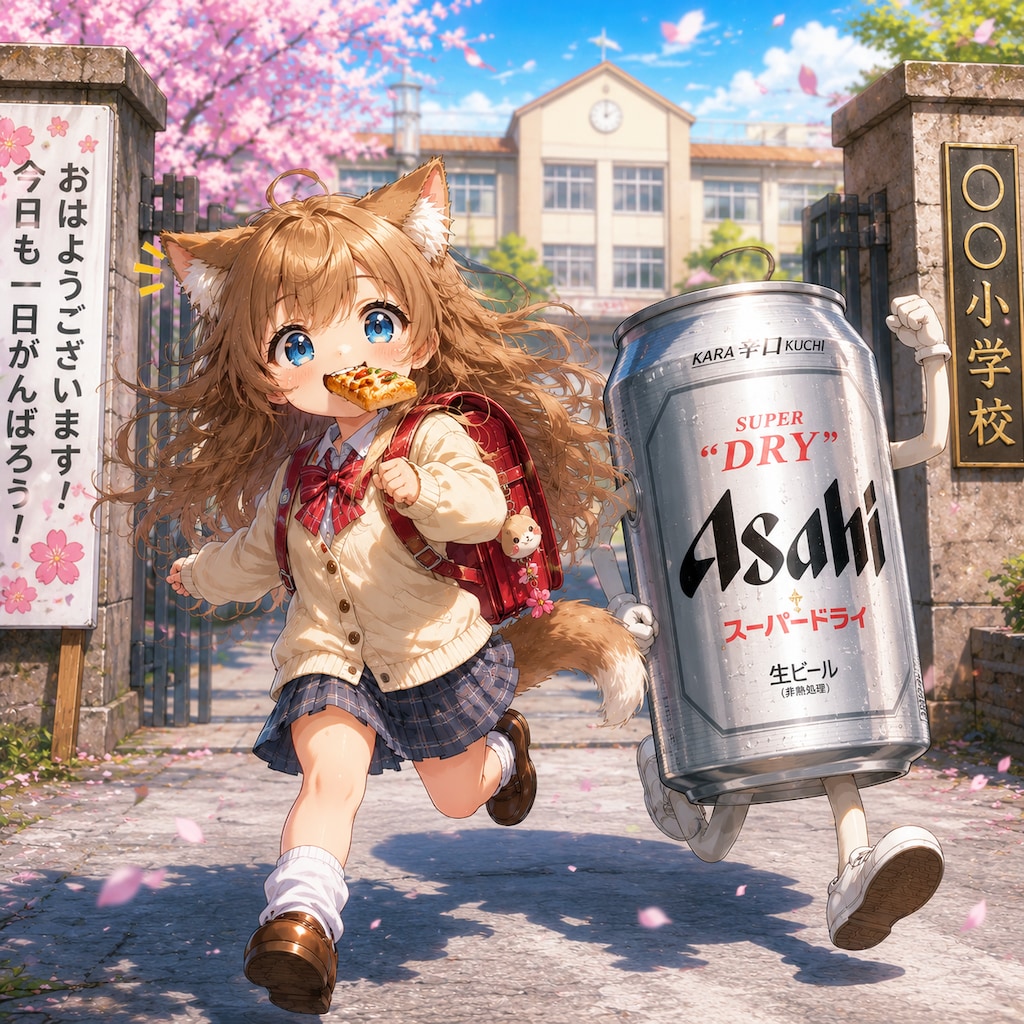 バゲットトーストを咥えて走る小さな女の子
