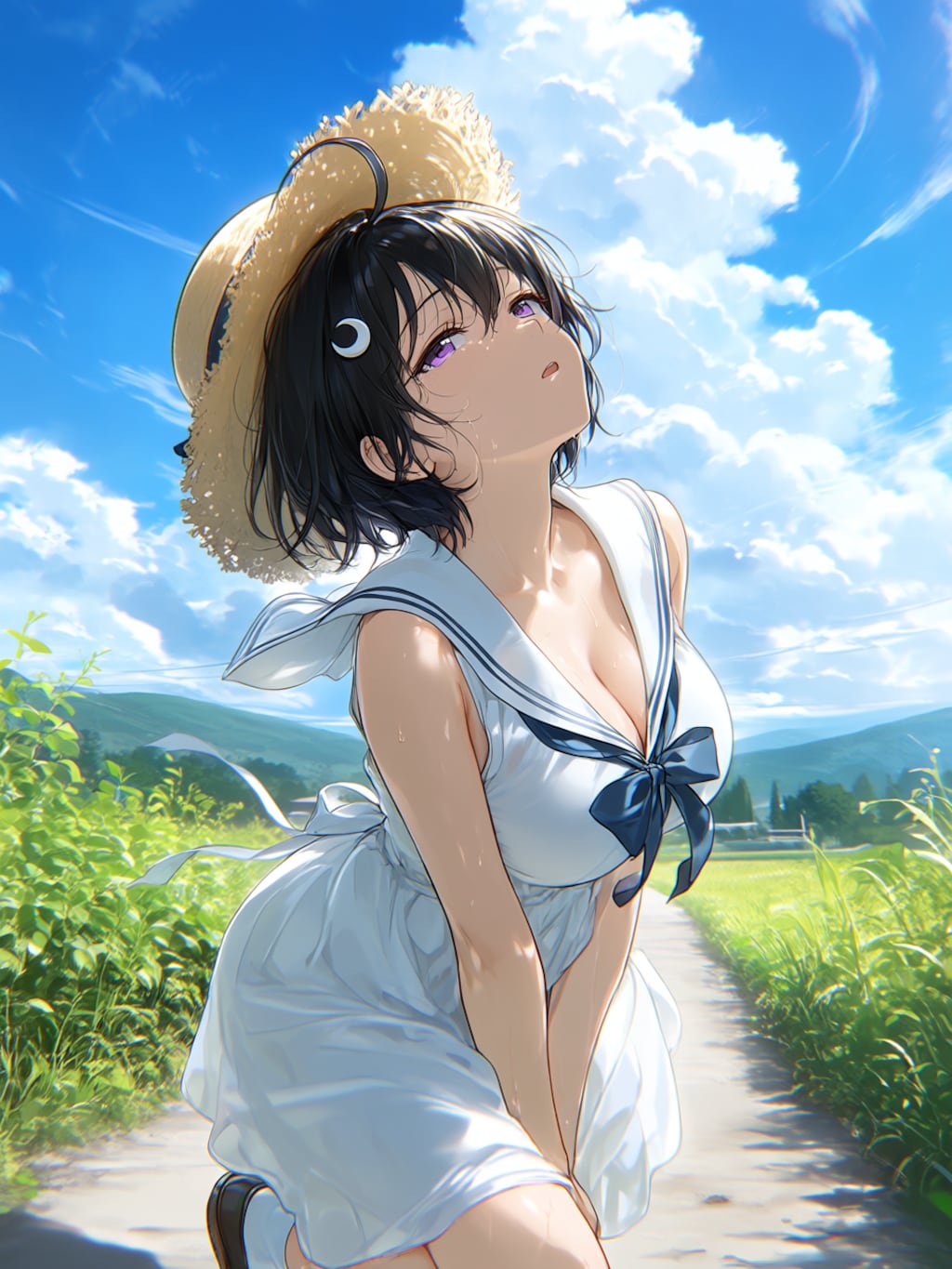 暑い夏　セーラーワンピースと麦わら帽子