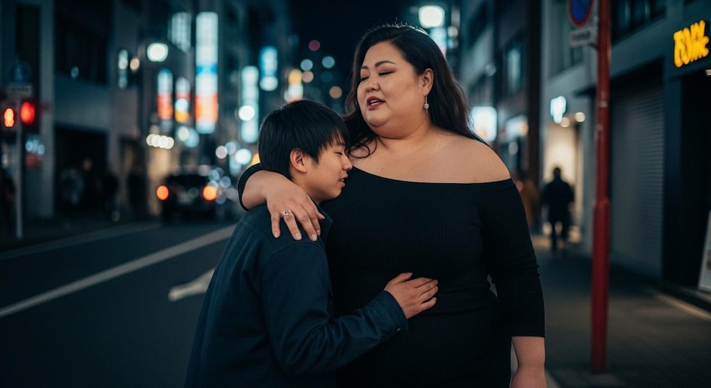 深夜の東京、男子大学生と巨体ママ