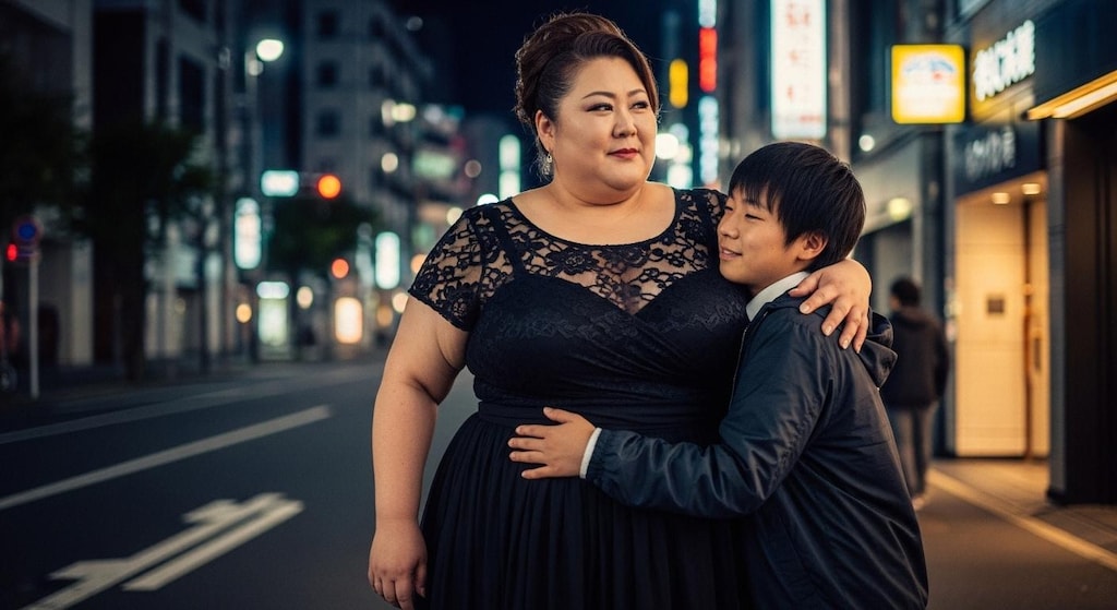 深夜の東京、男子大学生と巨体ママ