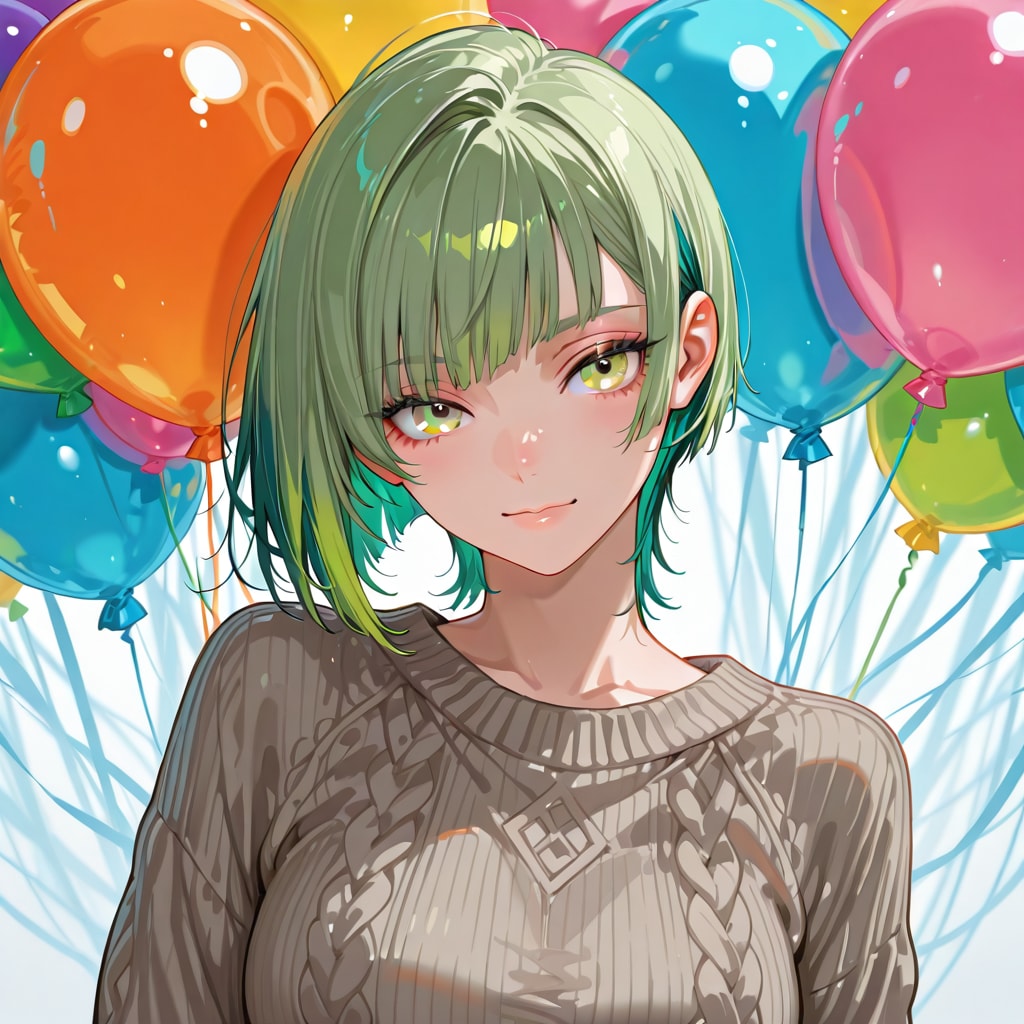 色とりどりの風船を持つ緑髪ショートカットの毛糸のセーター着た美女 | の人気AIイラスト・グラビア
