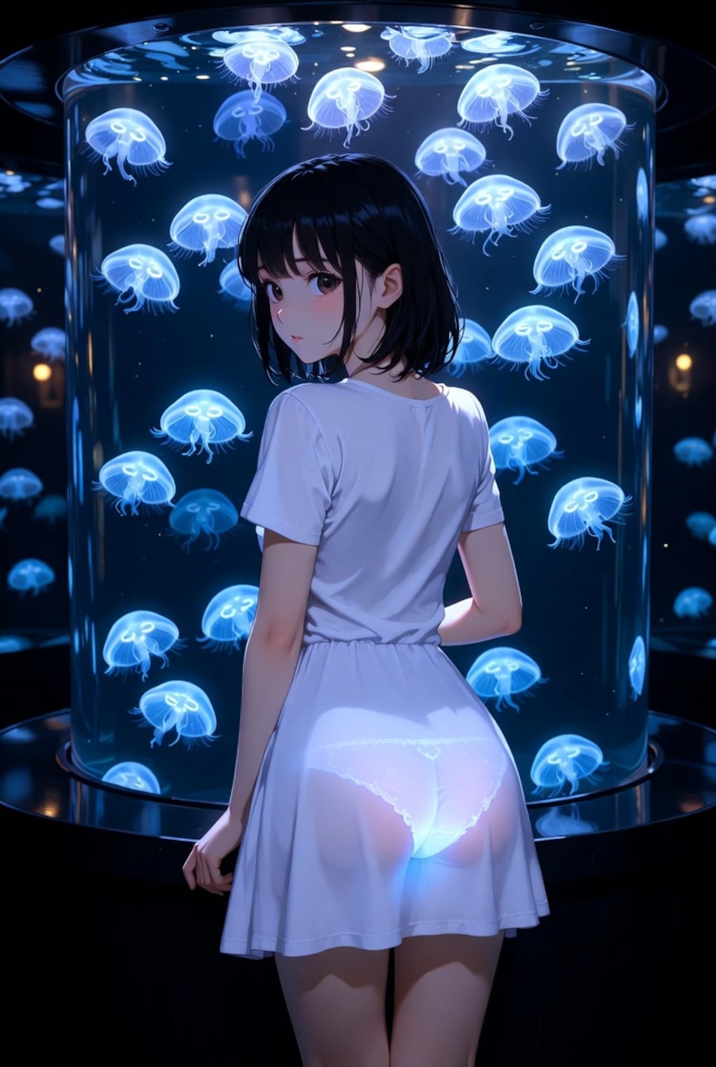 微光に結ばれる光跡のシルエット（イラスト）