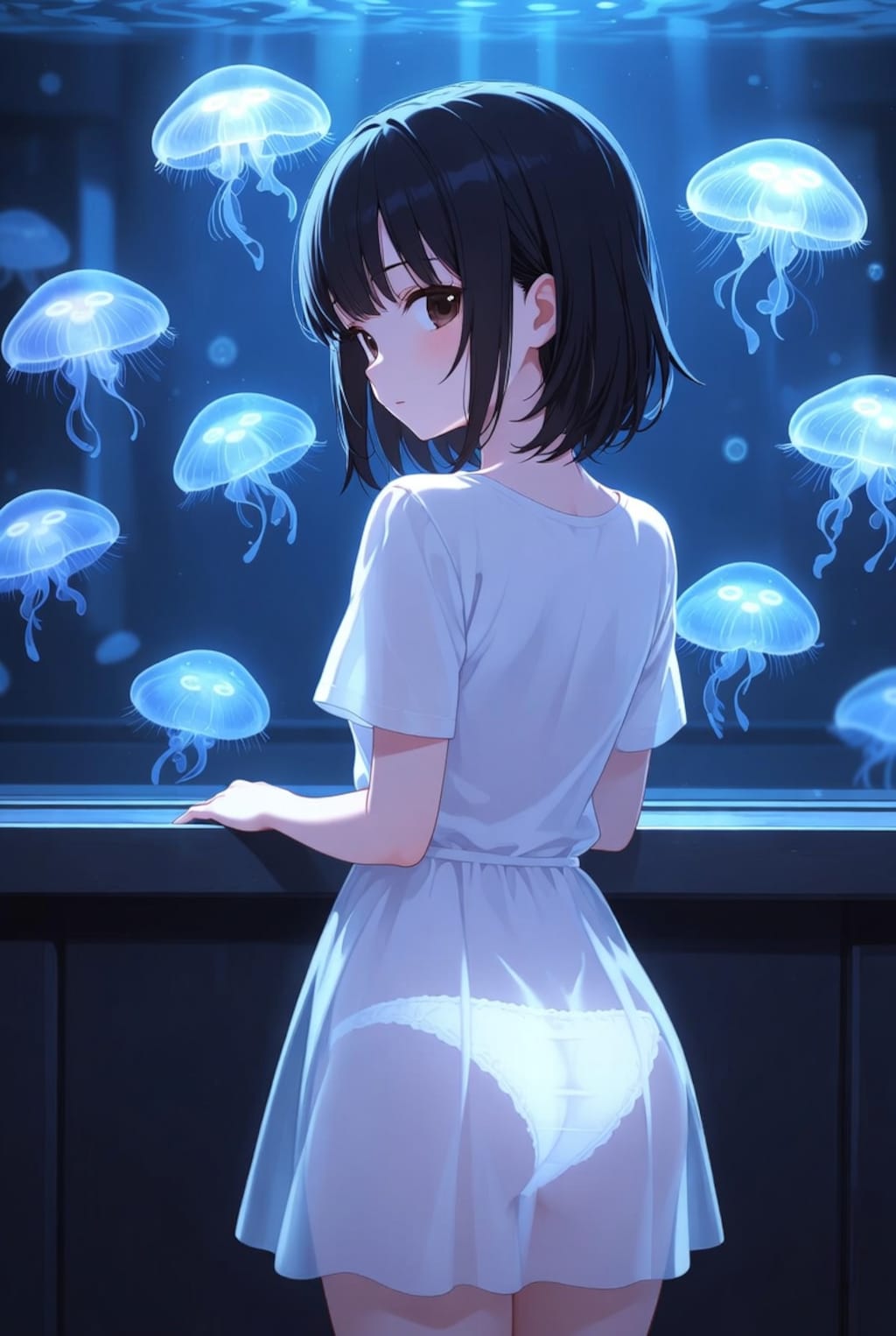 微光に結ばれる光跡のシルエット（イラスト）
