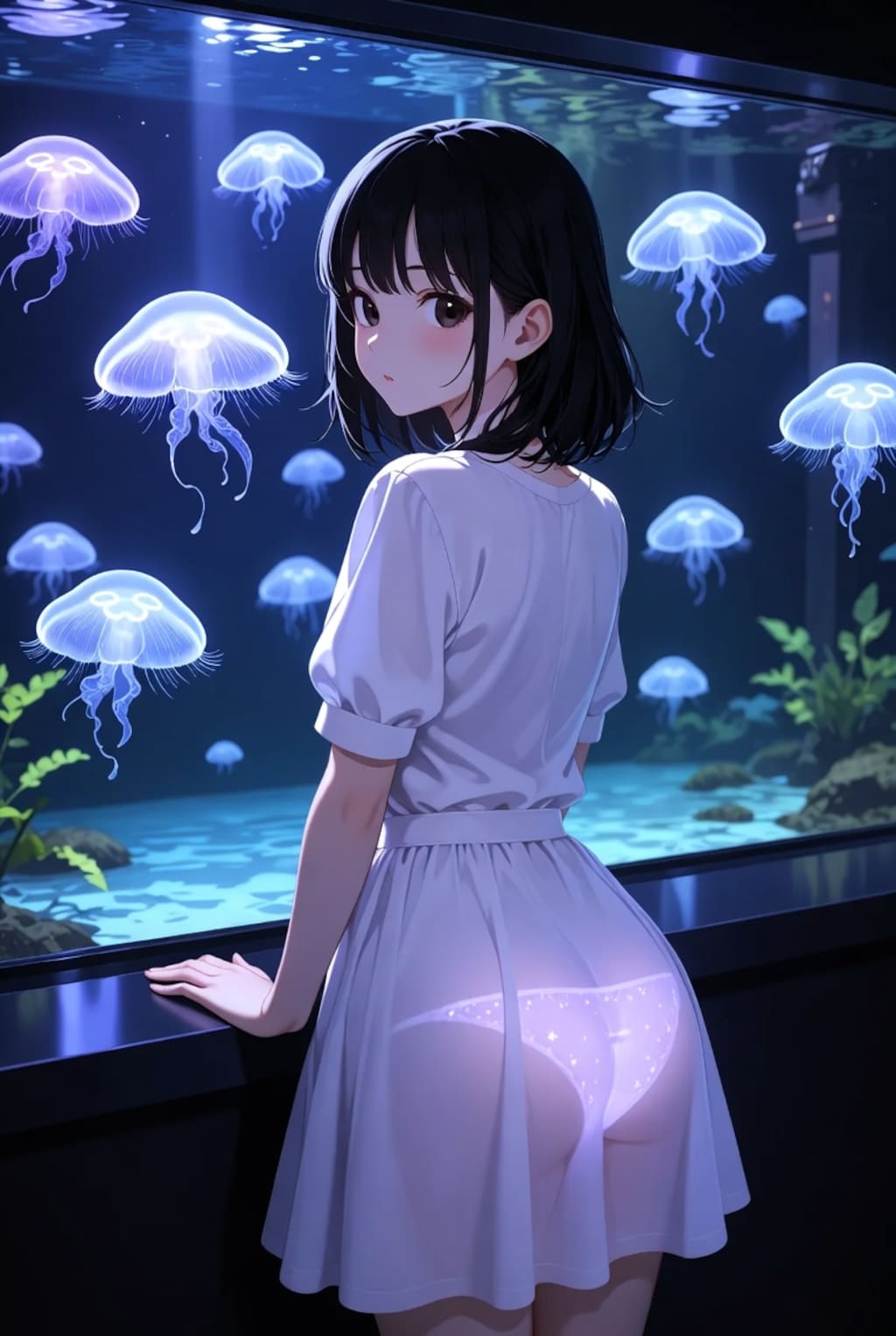 微光に結ばれる光跡のシルエット（イラスト）