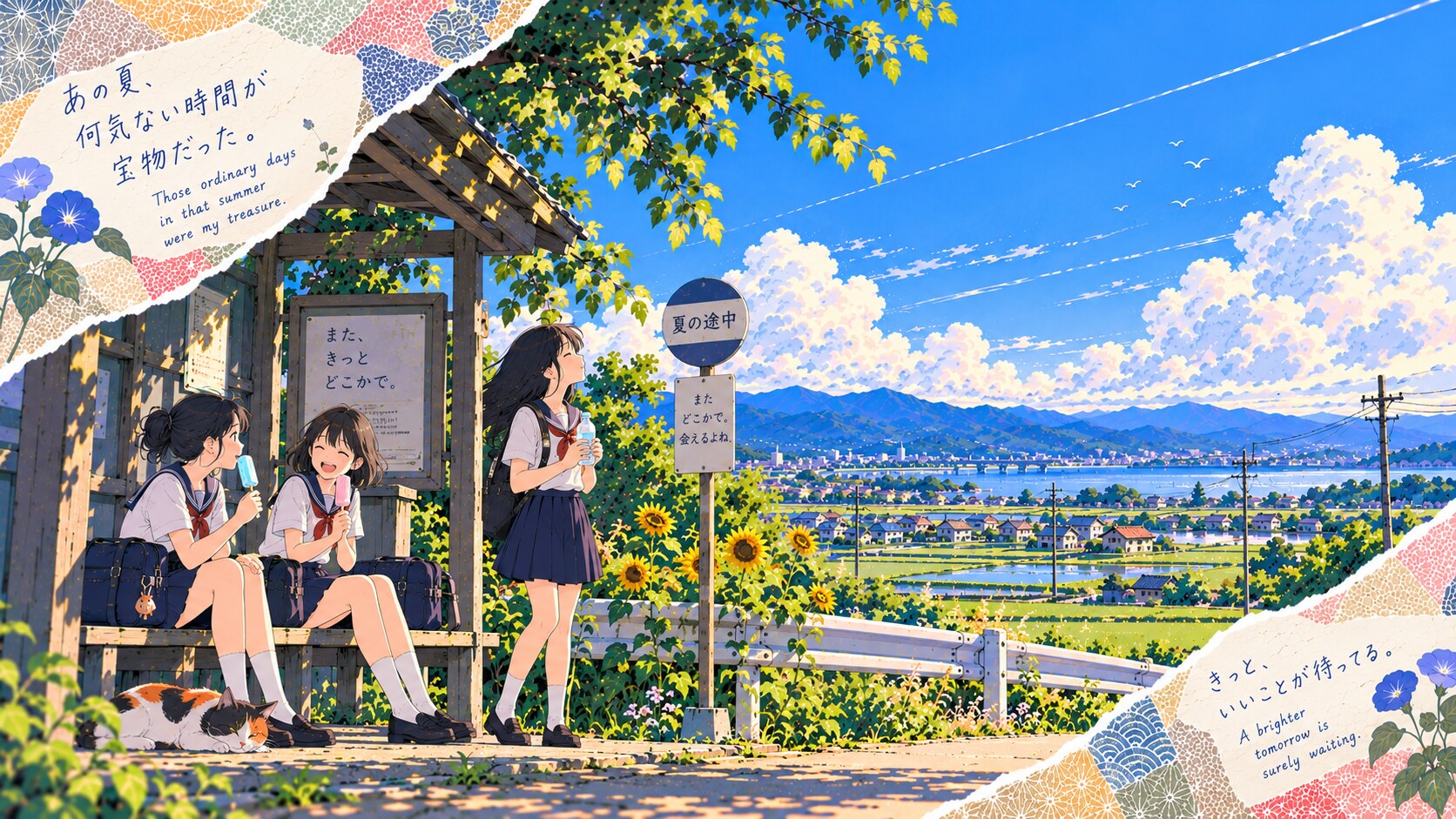 Those Ordinary Days  Set against a vibrant summer landscape overlooking a peaceful countryside town | の人気AIイラスト・グラビア