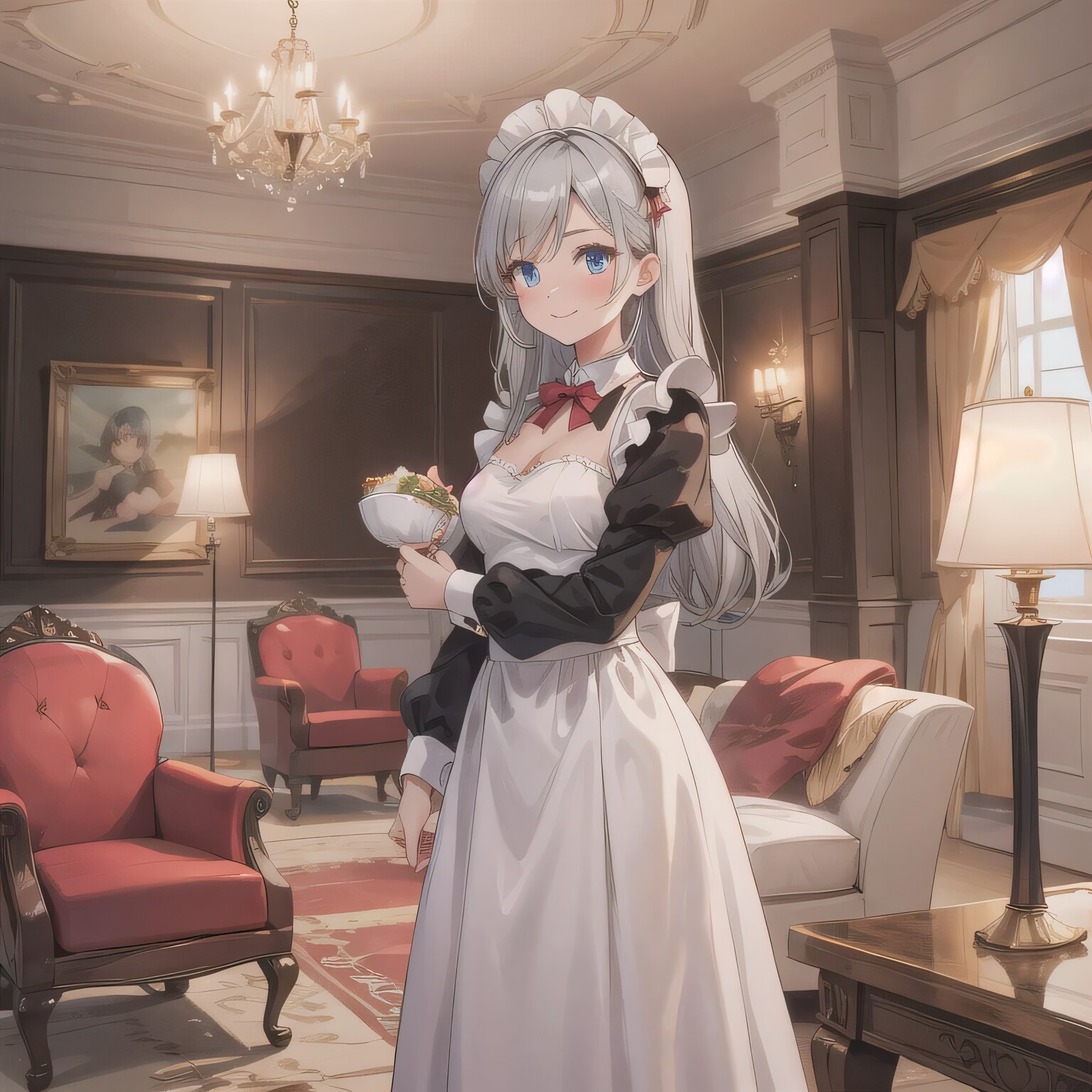 銀髪ロングでメイド服の少女２３ | の人気AIイラスト・グラビア