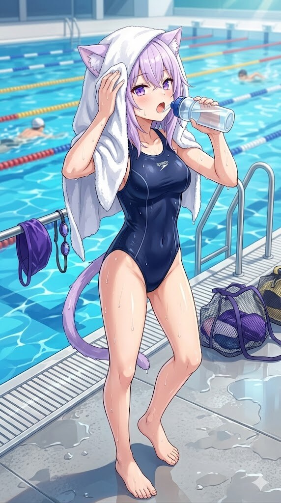 髪を拭きながらドリンク飲む競泳水着のシス