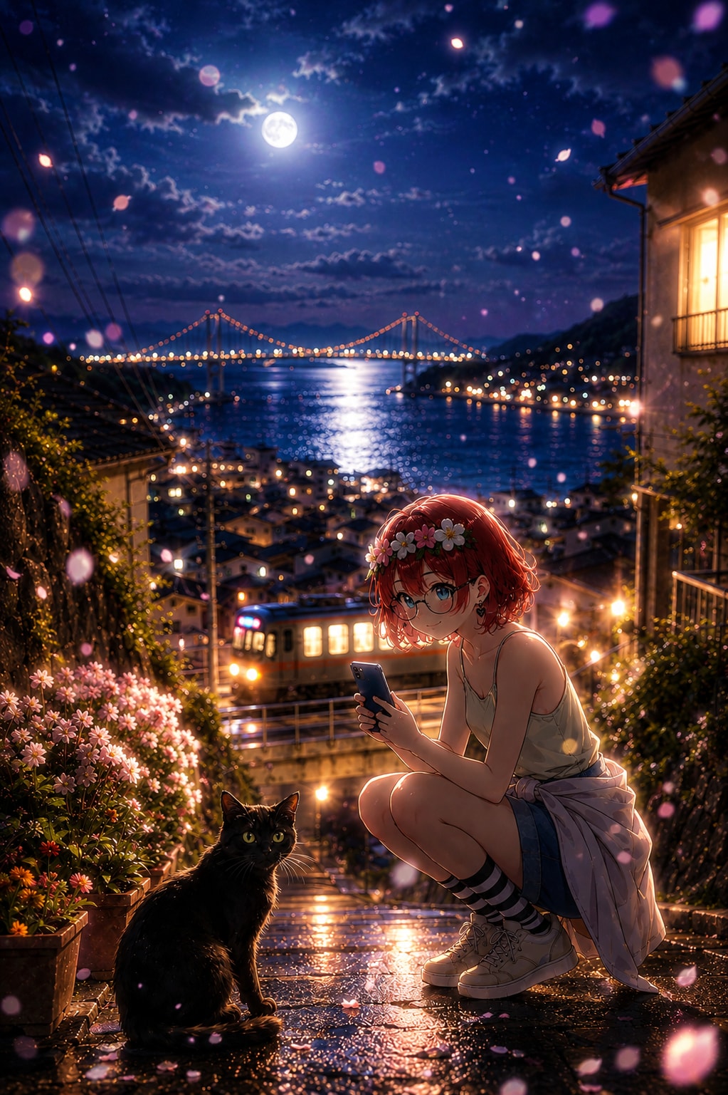 月灯りの秘密基地 — 坂の町で君と猫が見つけた夜 | の人気AIイラスト・グラビア