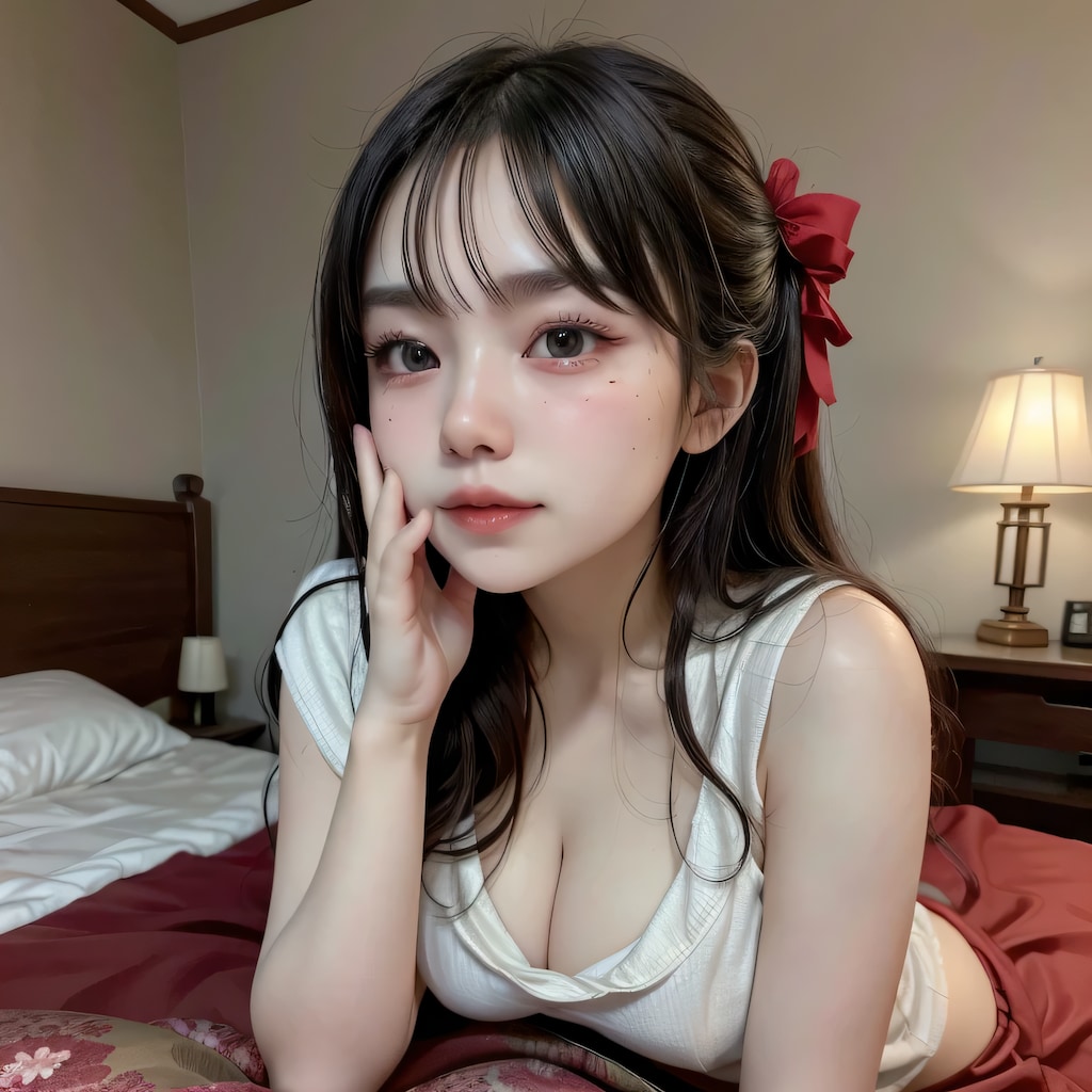 黒髪ロングでTシャツの美女