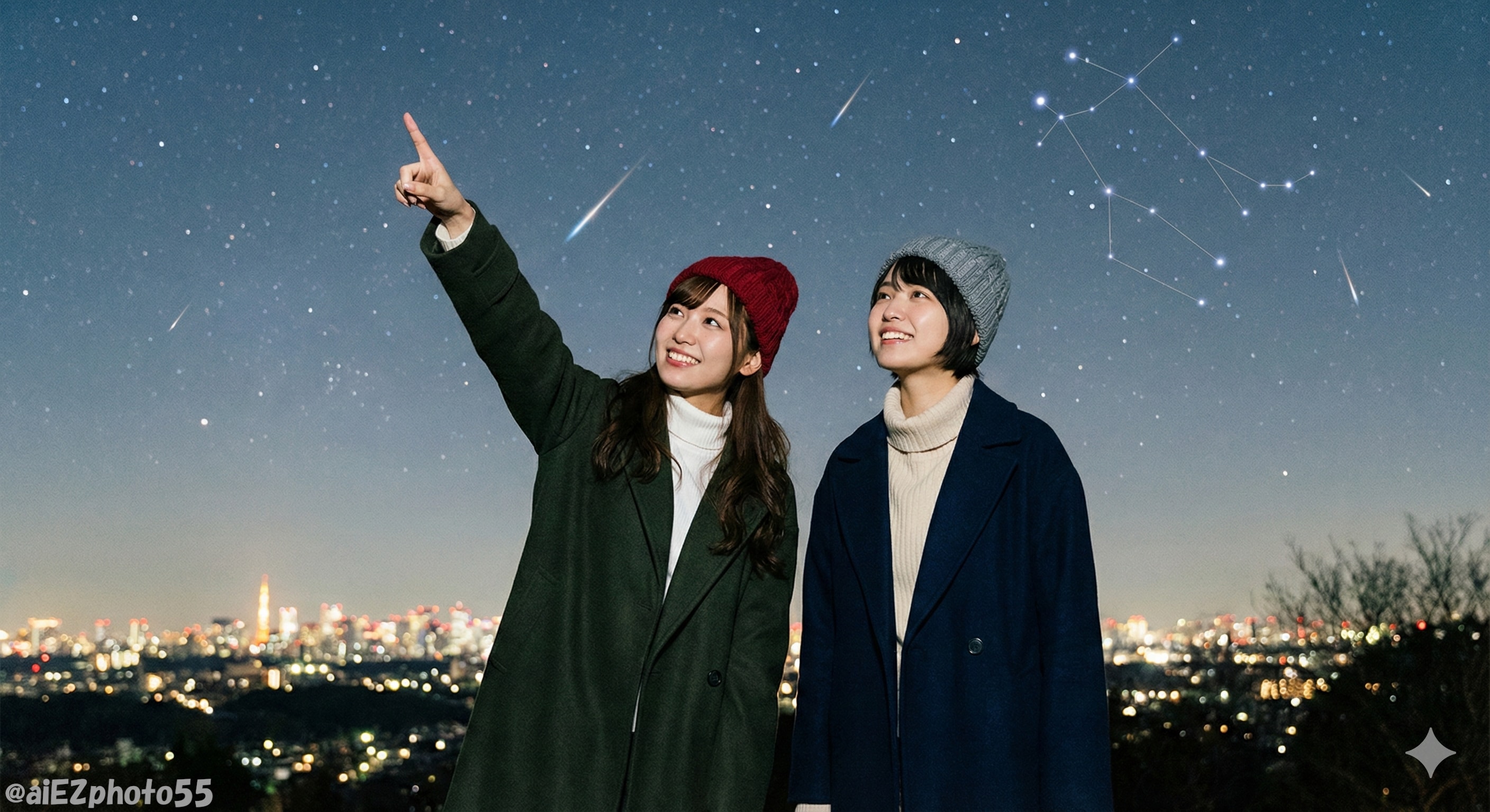 ふたご座流星群を眺める双子の姉妹2 | の人気AIイラスト・グラビア