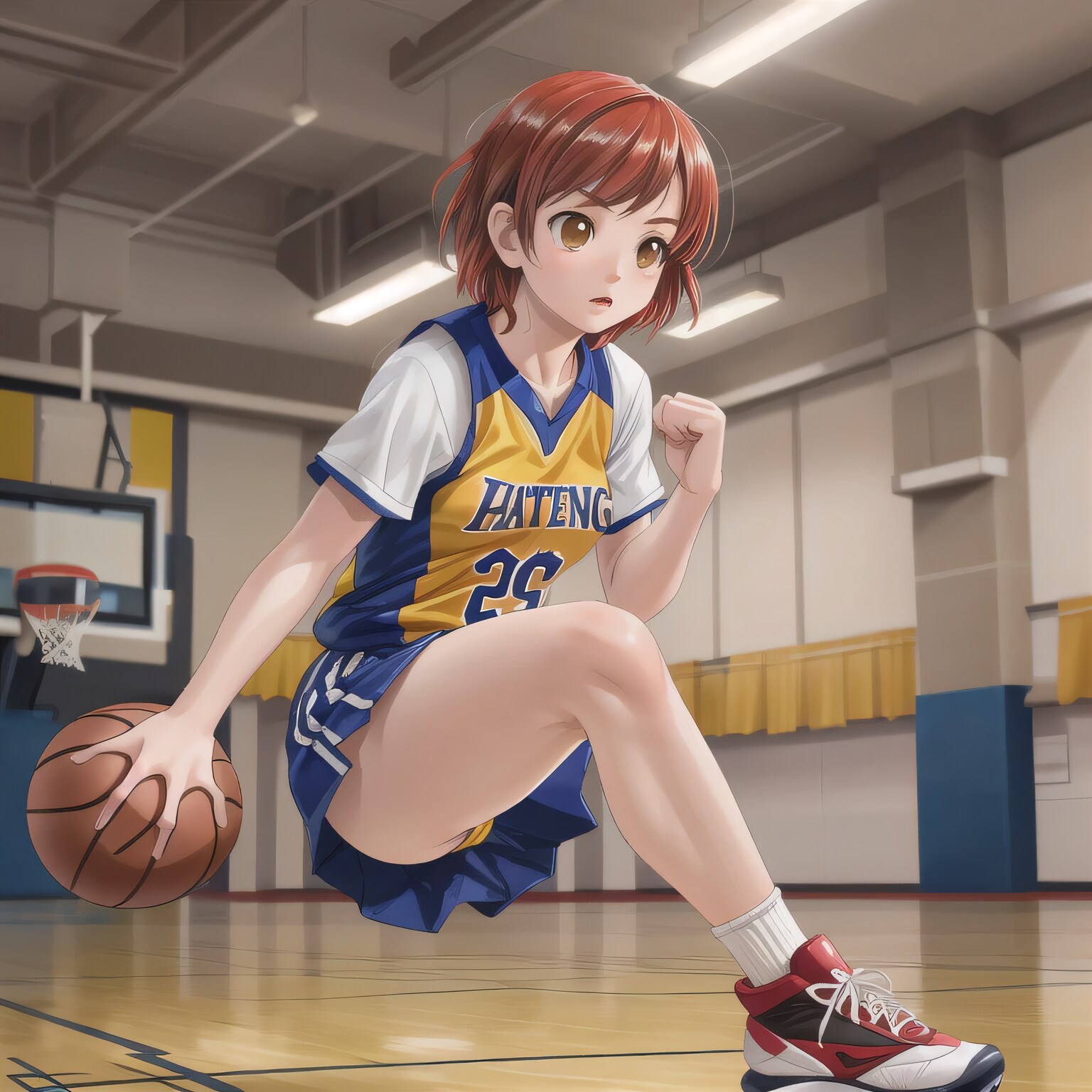 赤髪ボブでユニフォームの少女