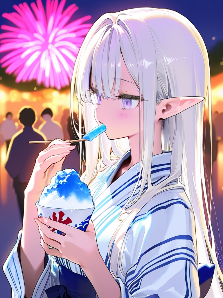 夏祭りを楽しむエルフの女の子