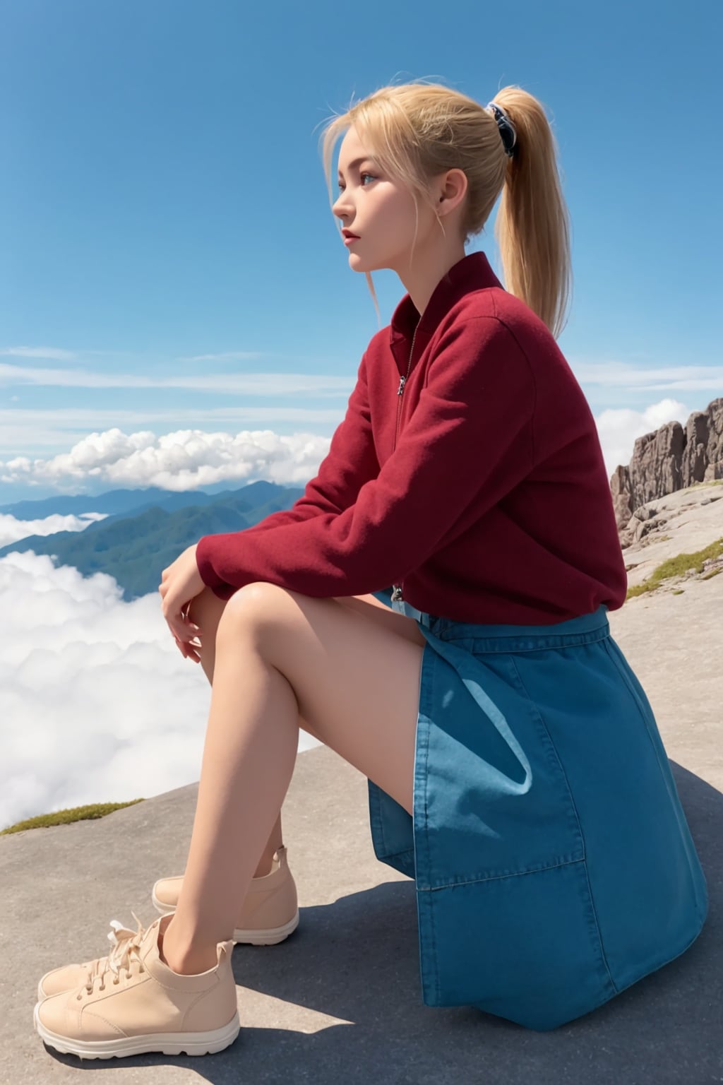 雪山で腰掛けてる金髪ポニーテールの女の子