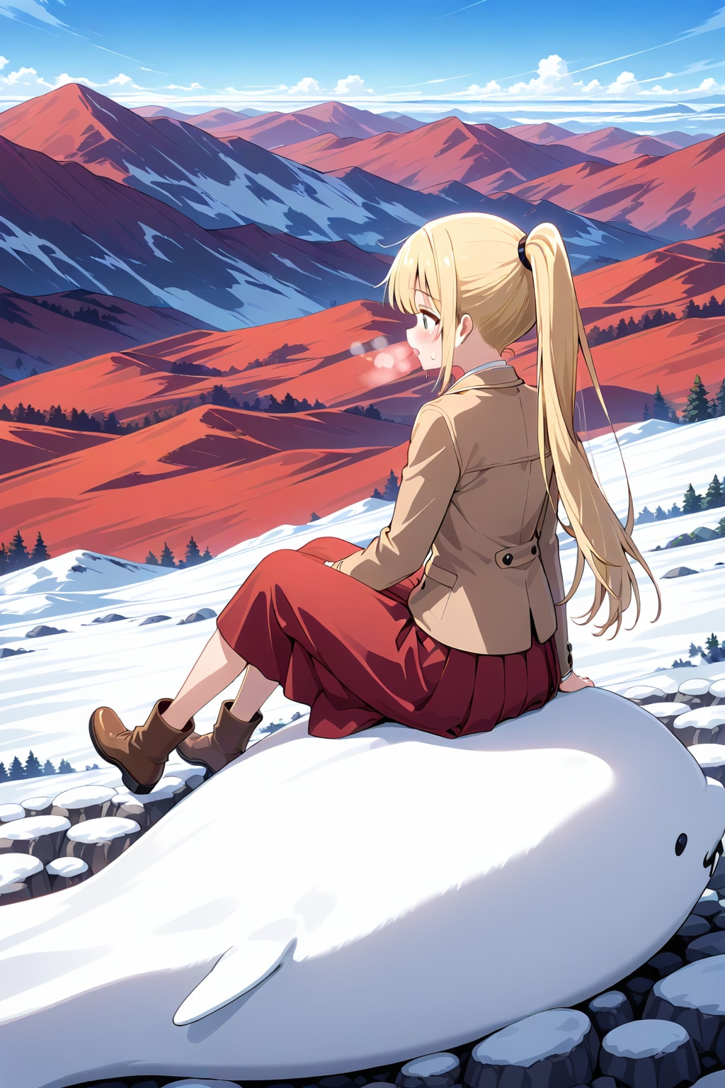 雪山で腰掛けてる金髪ポニーテールの女の子 | の人気AIイラスト・グラビア