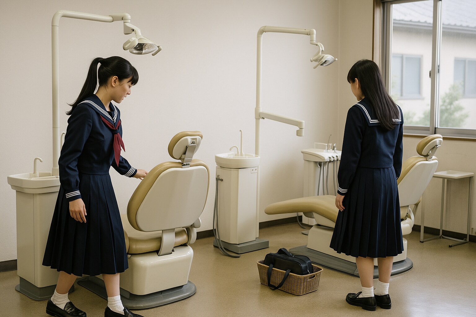デンタルユニットに座る直前のセーラ服姿の女子高生