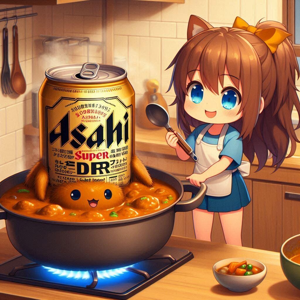 隠し味にビールを入れてカレーを作る小さな女の子