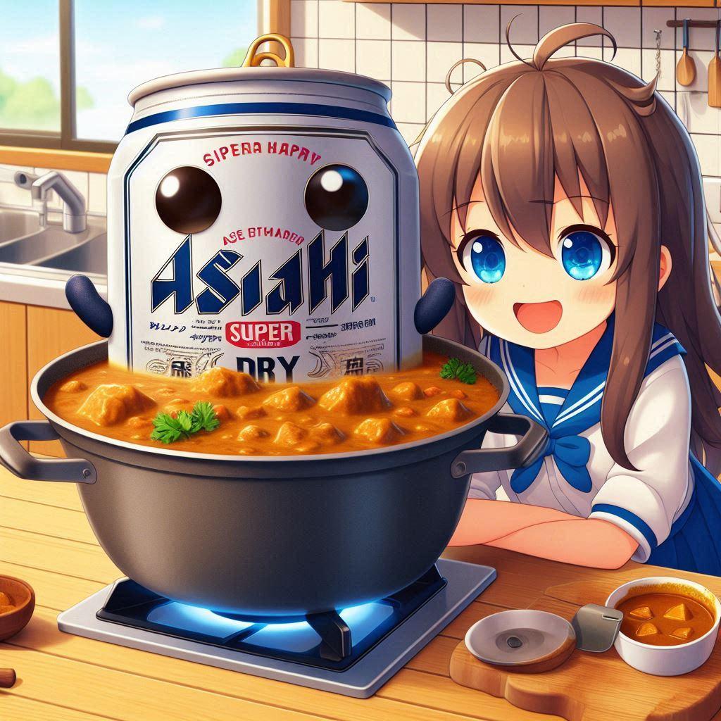 隠し味にビールを入れてカレーを作る小さな女の子 | の人気AIイラスト・グラビア