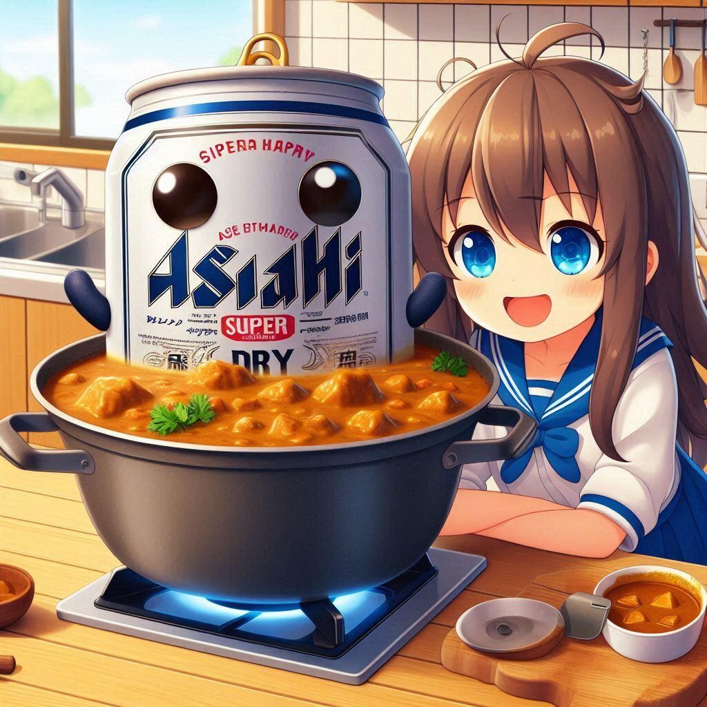 隠し味にビールを入れてカレーを作る小さな女の子