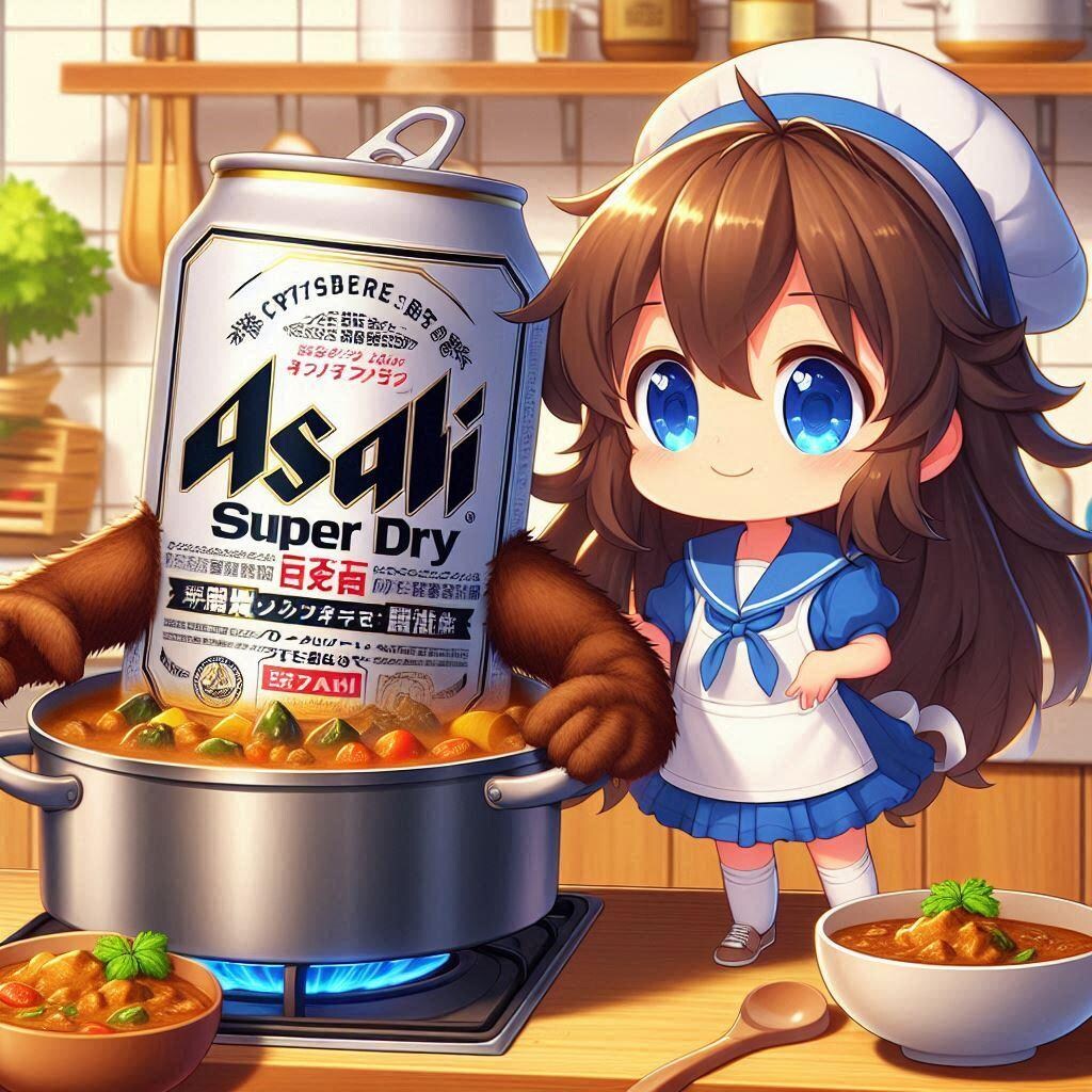 隠し味にビールを入れてカレーを作る小さな女の子
