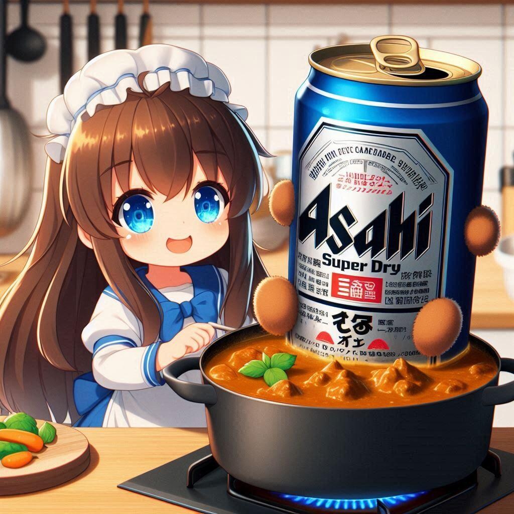 隠し味にビールを入れてカレーを作る小さな女の子