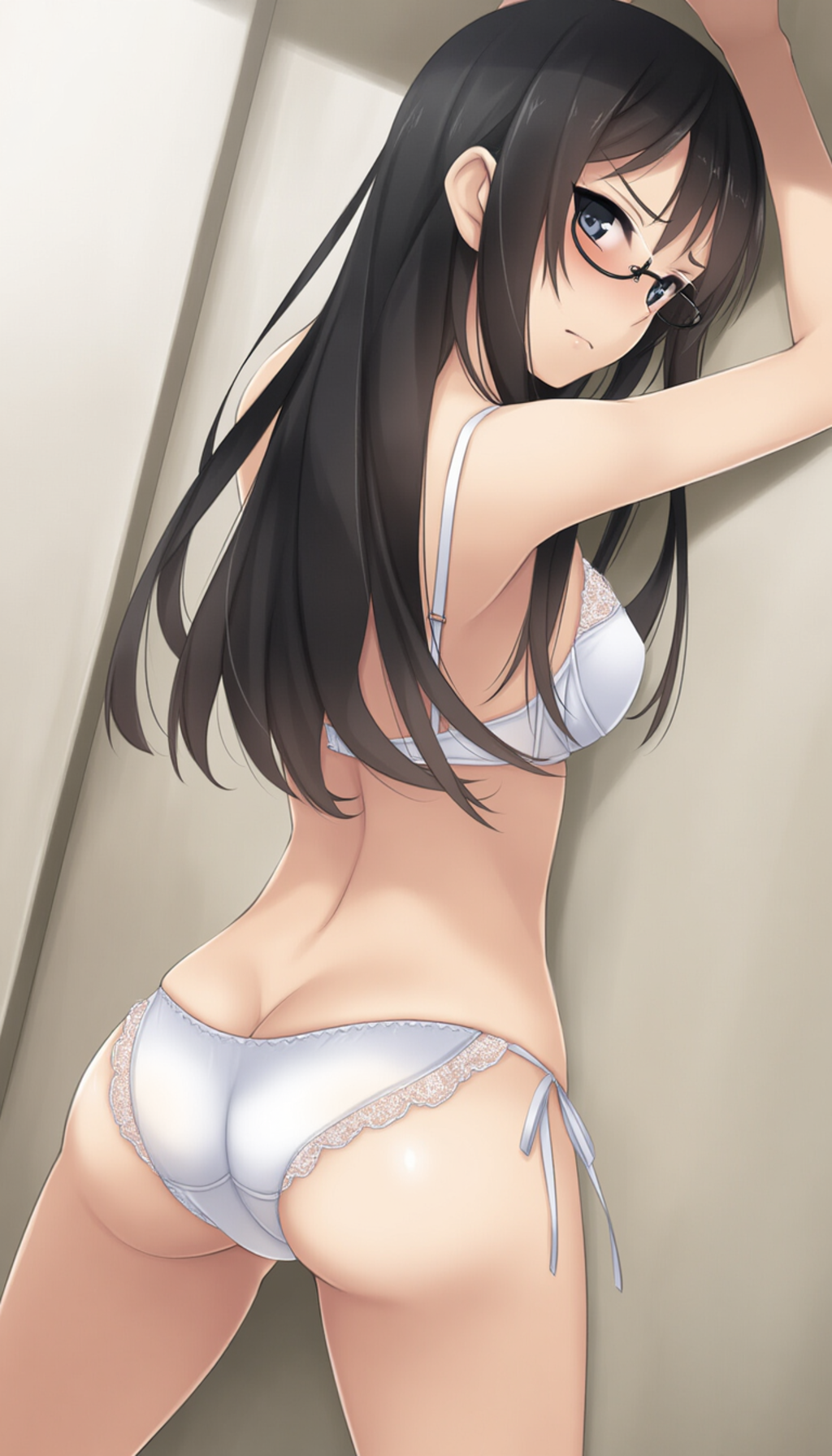 half-closed eyes, hands on wall, white lingerie, ass focus-03