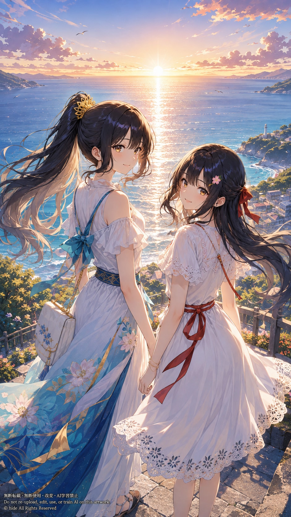 海を染める夕陽と、ふたり旅 | の人気AIイラスト・グラビア