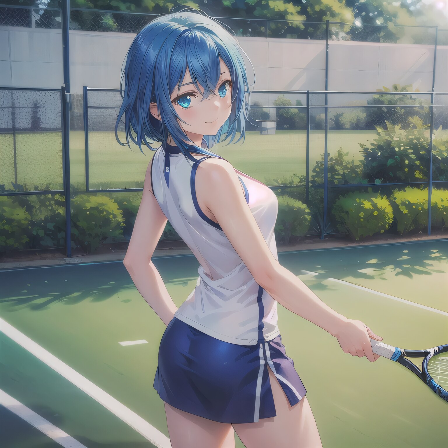 青髪ボブでテニスウェアの少女２ | の人気AIイラスト・グラビア