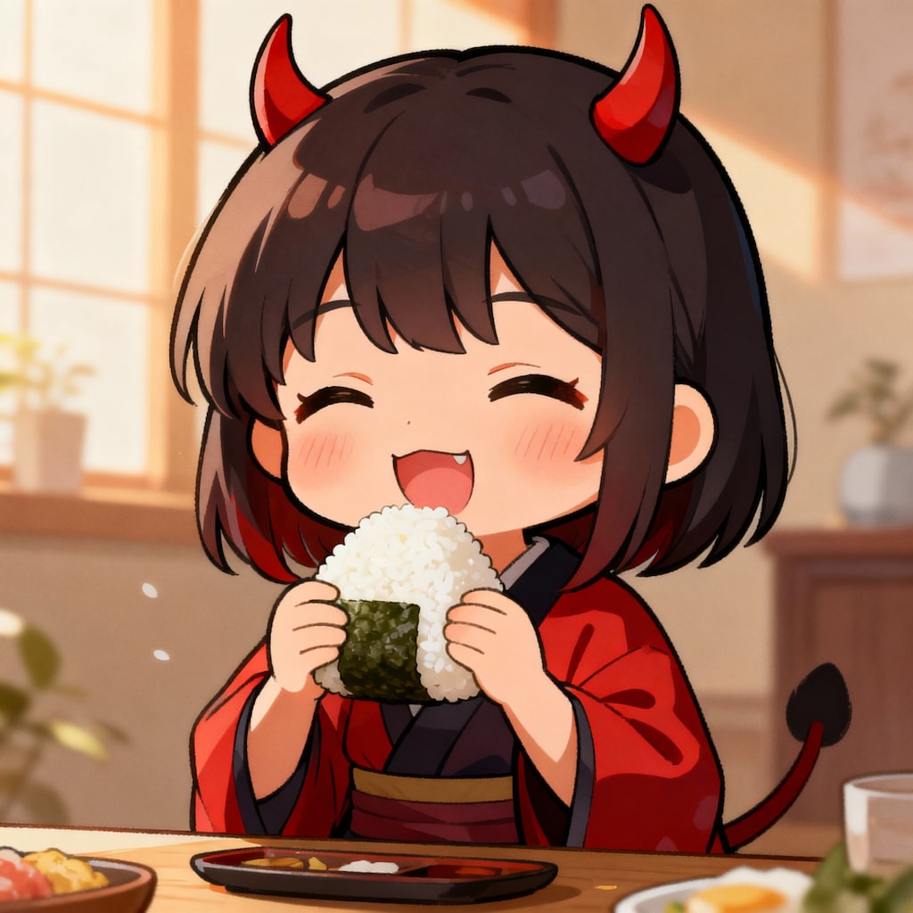 おにぎり食べる鬼の子