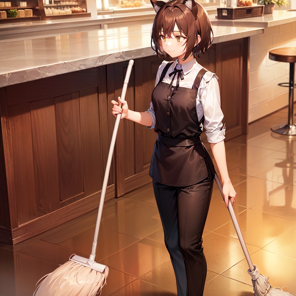 モップ掛けをする喫茶店で働く猫娘